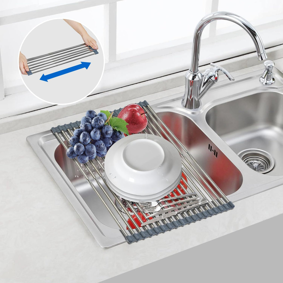 Expandable Large Draining Rack, Roll Up Heat-Resistant Dish Drainer for Stainless Steel Sinks, Collapsible Over The Sink Rack Non-Slip Silicone Rolling Up Rack 18 Tube
