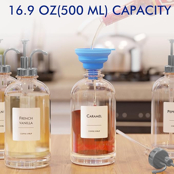 16.9 oz/500 ml Coffee Syrup Dispenser Set - 6 Glass Bottles with Silver Pumper and Syrup Labels - Precise Dispensing and Stylish Addition to Coffee Shop, Cafe or Home Bar