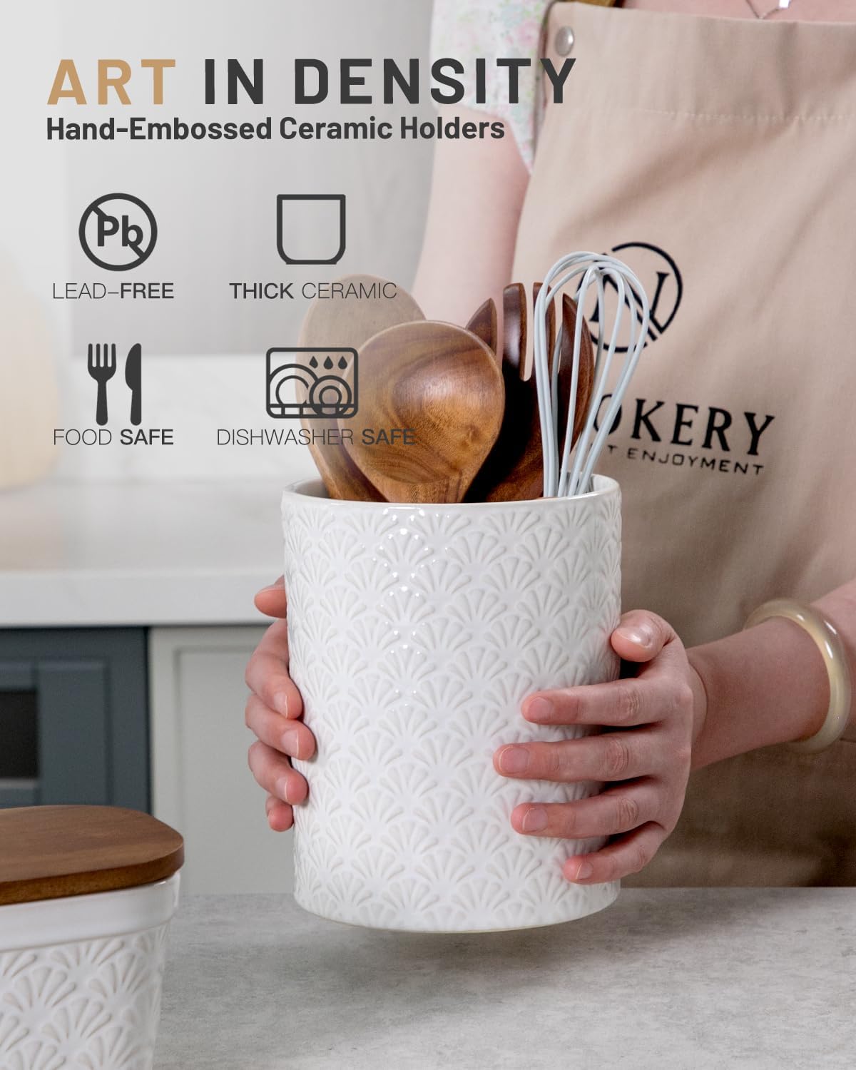 Nucookery 6.4'' Utensil Holder - Ceramic Utensil Holder for Kitchen Counter, Large Capacity Countertop Storage, Farmhouse Style Utensil Crock Organizer for Spoons, Spatulas & Cooking Tools