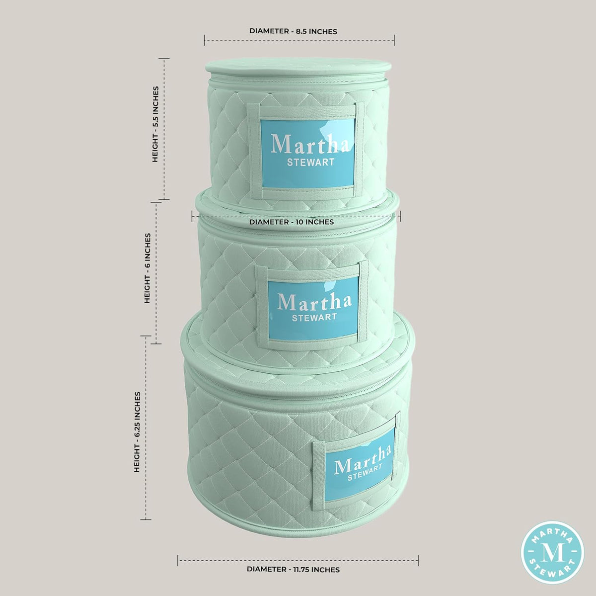 Martha Stewart Dinnerware Stemware Glassware Stackable Organizer Home Storage Container Case, 3 Piece Dinnerware Set Organizer For Dessert, Salad and Dinner Plates With Felt Dividers, Mint