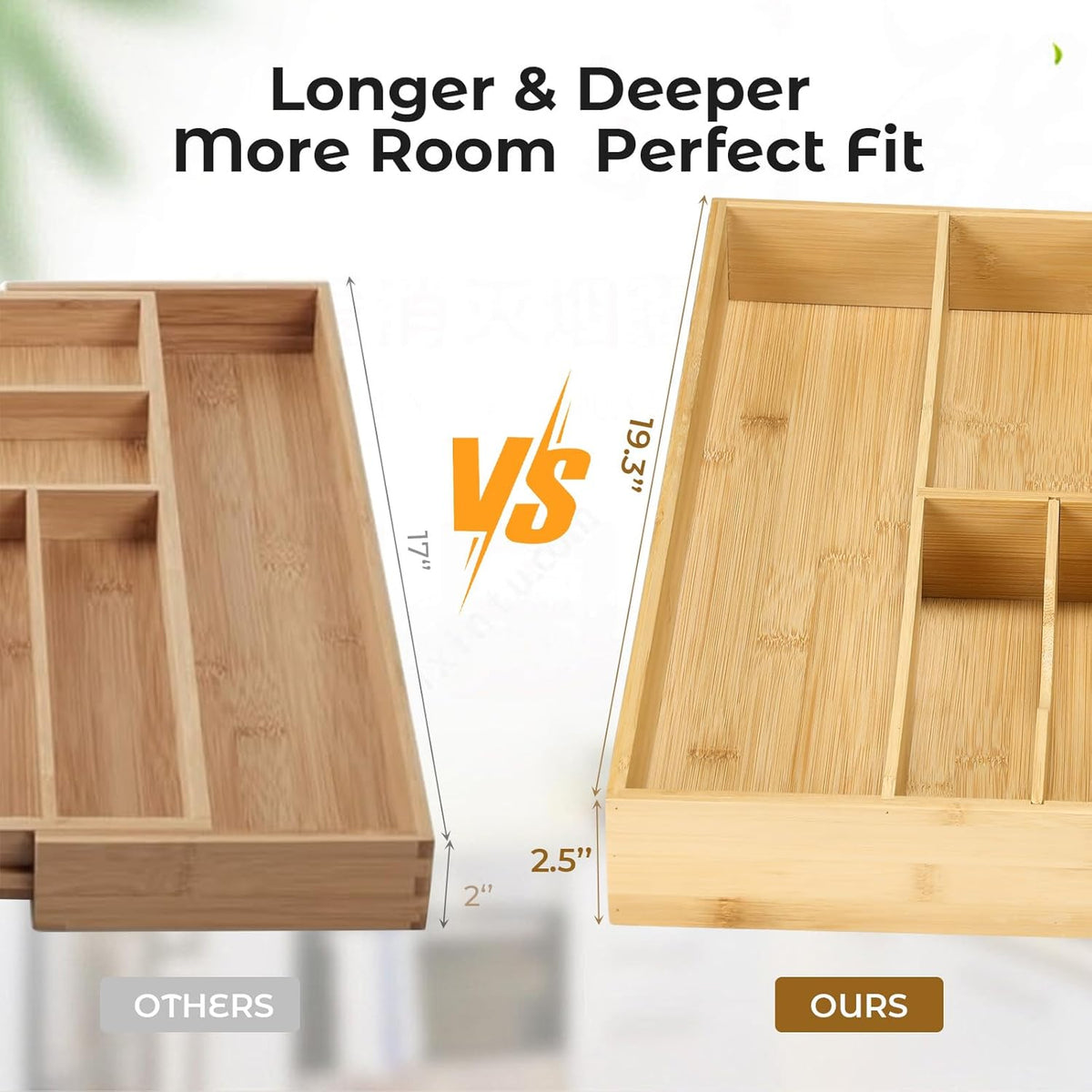 Fabsome Silverware Organizer for Kitchen Drawers, 2.5'' Deep 18.8'' Wide Bamboo Wood Flatware Tray with Deep Slots for Large Cutlery Utensil Drawer