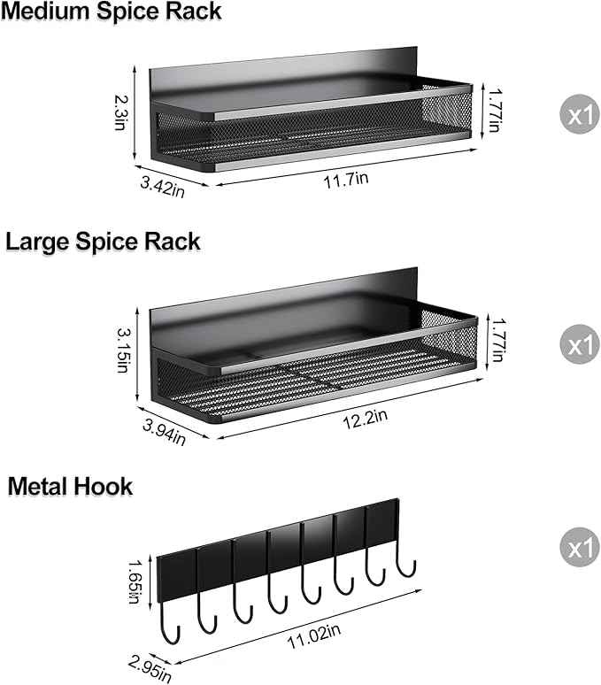 Magnetic Spice Rack for Refrigerator, 3 Pack Magnetic Shelf, Moveable Fridge Organizer with 8-Hook Rack, Seasoning Organizer for Kitchen