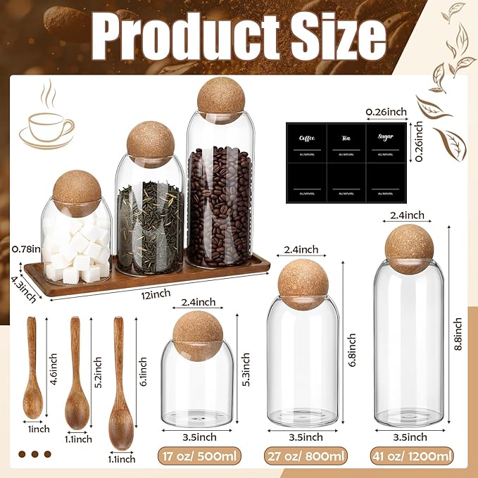 Suclain 3 Pcs Glass Coffee Storage Jar with Ball Cork Lid Wooden Spoon Shelf Labels Airtight Round Bottle Jar Food Storage Canister Set for Sugar Spice Coffee Bean Holder Candy Gift(17, 27, 41 oz)