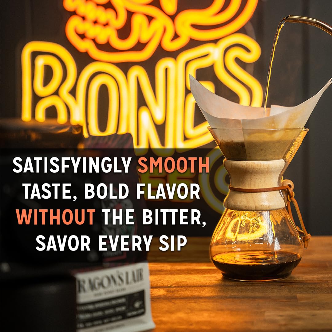 Bones Coffee Company Salted Caramel Flavored Coffee, Medium Roast Low Acid Arabica Beans Compatible with Auto drip and French Press Coffee Maker, 12 Oz Whole Bean