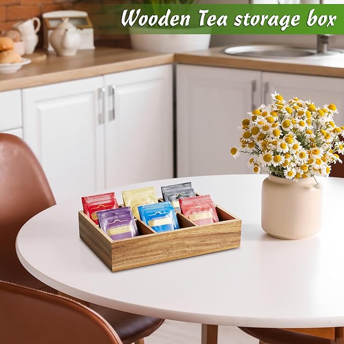 DRASTAR Tea Bag Organizer, Acacia Wooden Tea Bag Holder, Tea Storage Containers with 6 Slots, Sugar Packet Holder, Tea Bag Caddy Box for Countertop