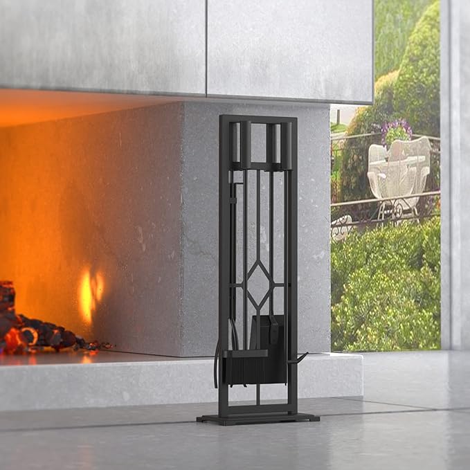 Fire Beauty 5 Pieces Fireplace Tools Set Wrought Iron Fire Place Pit Poker Holder(Black)
