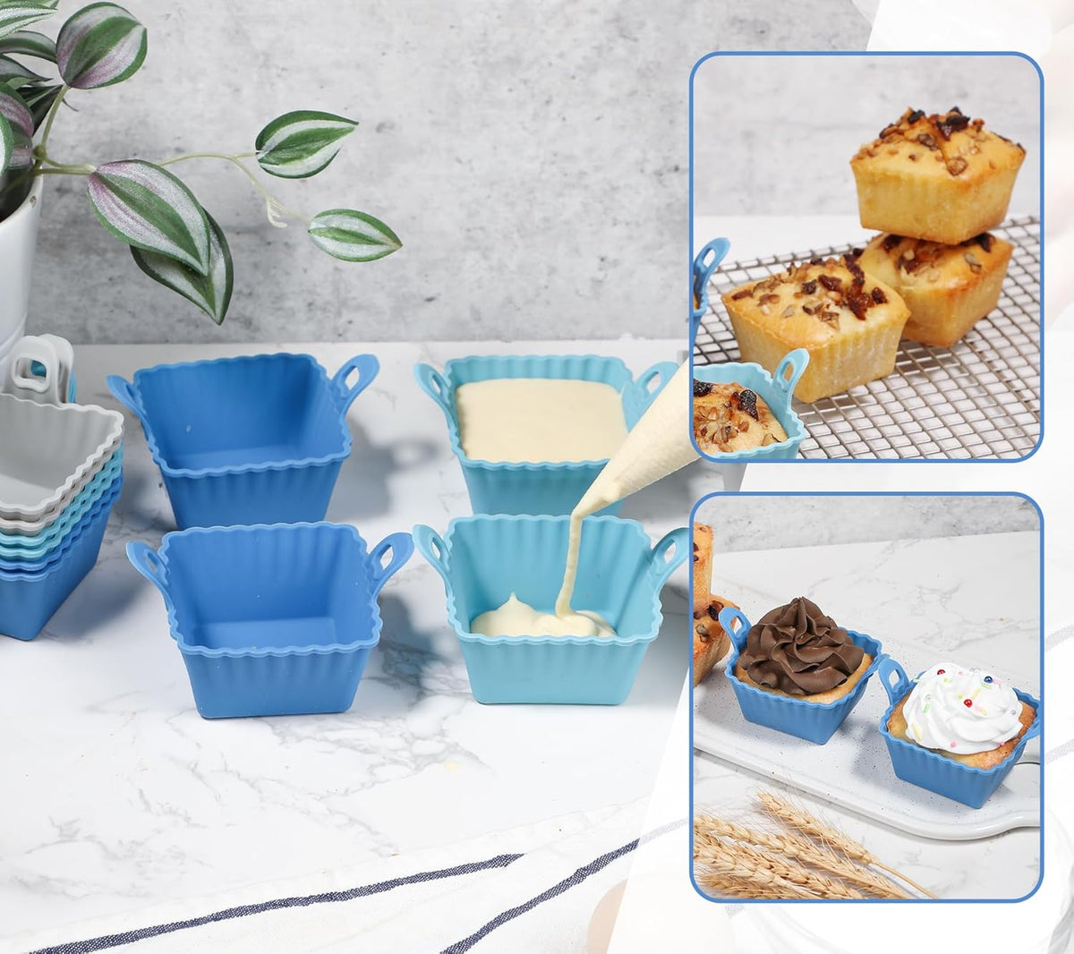 Koluti Reusable Silicone Baking Cups Set of 12, Nonstick Muffin Cupcakes Mold with Double Handle, BPA Free, Mini Square Air Fryer Cupcake Liners, 3 Colors