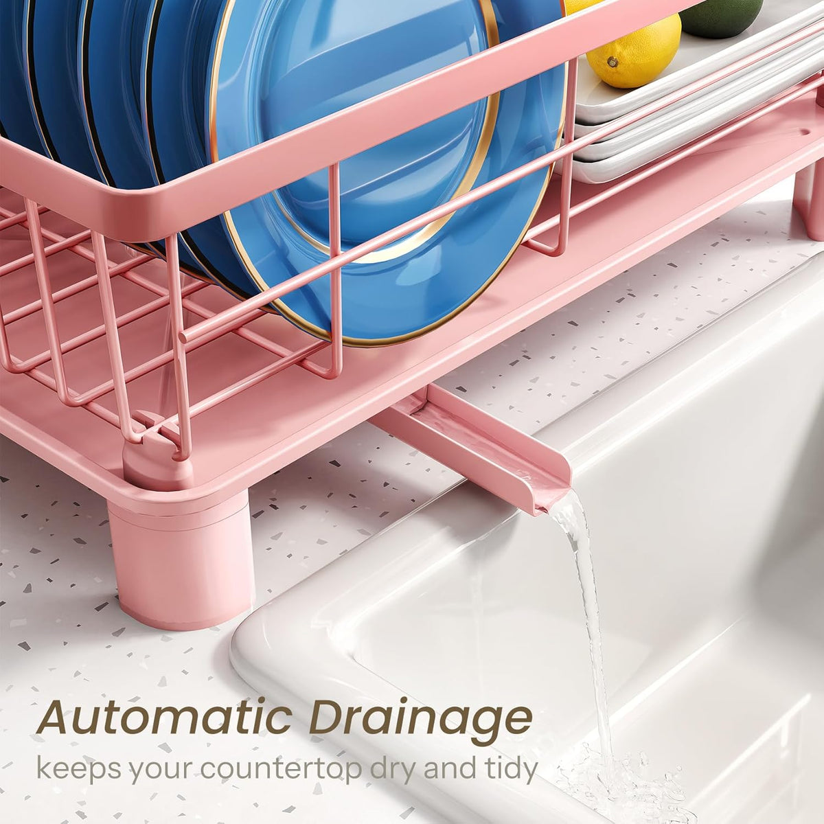 Dish Drying Rack - Small Dish Rack for Kitchen Counter, Stainless Steel Dish Drainer with Utensil Holder and Drainboard (Pink)