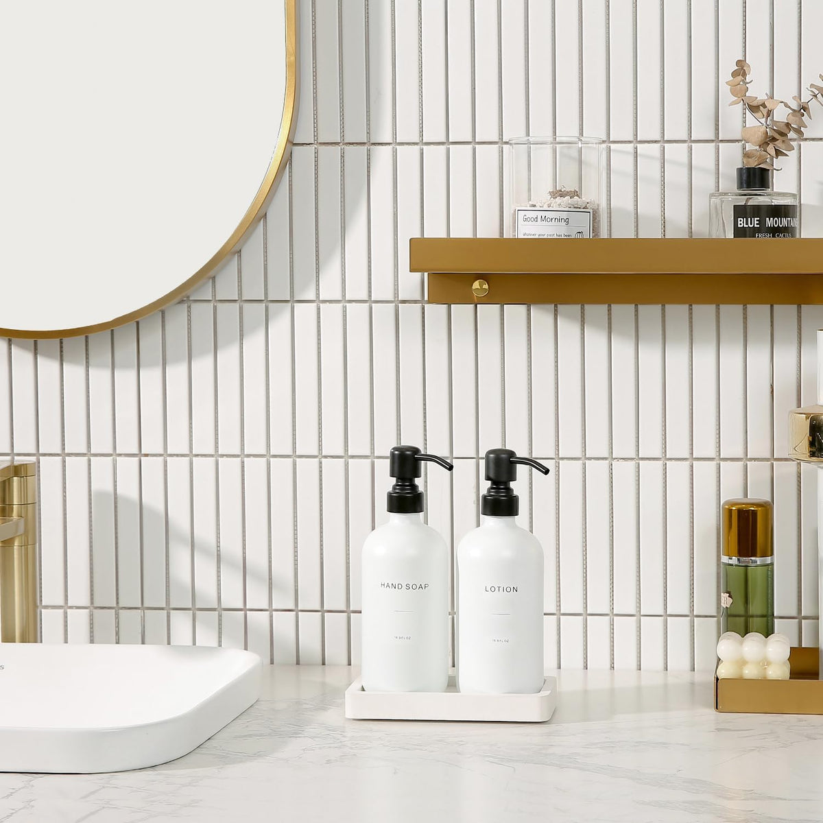 White Soap Dispenser Set, Contains Hand and Lotion Dispenser with Pump. Perfect for Guest Bathroom Decor. (White)