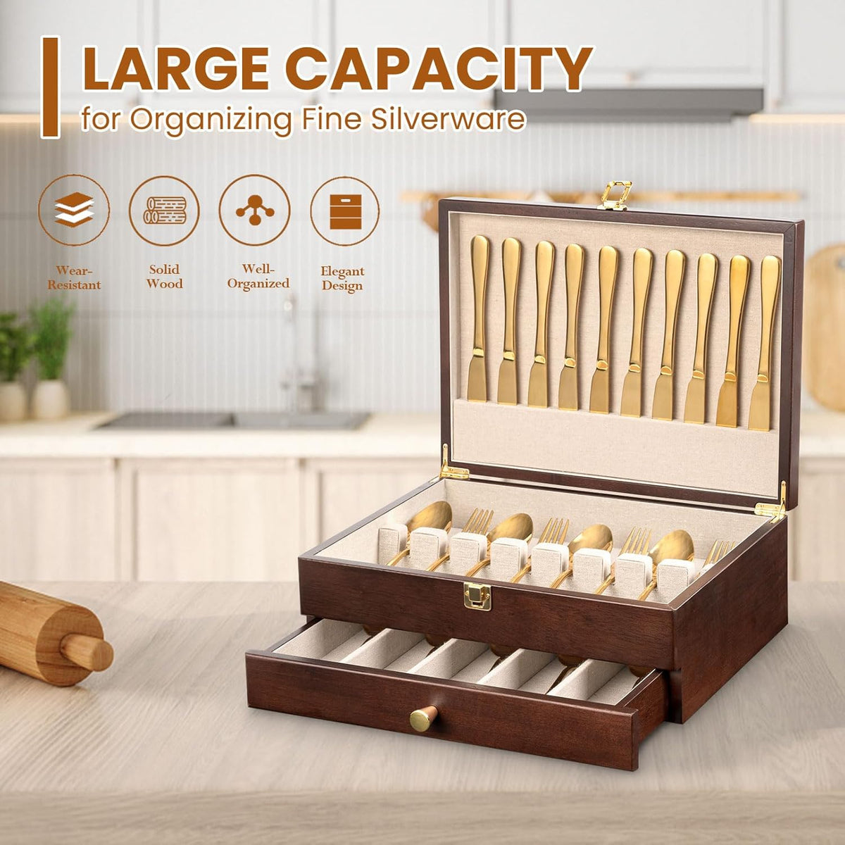 Silverware Storage Box, 2-Layer Flatware Storage Case with Drawer, Wooden Silverware Chest with Linen Liner, Rustic Silverware Case for Storing Fine Flatware and Utensils (Walnut)