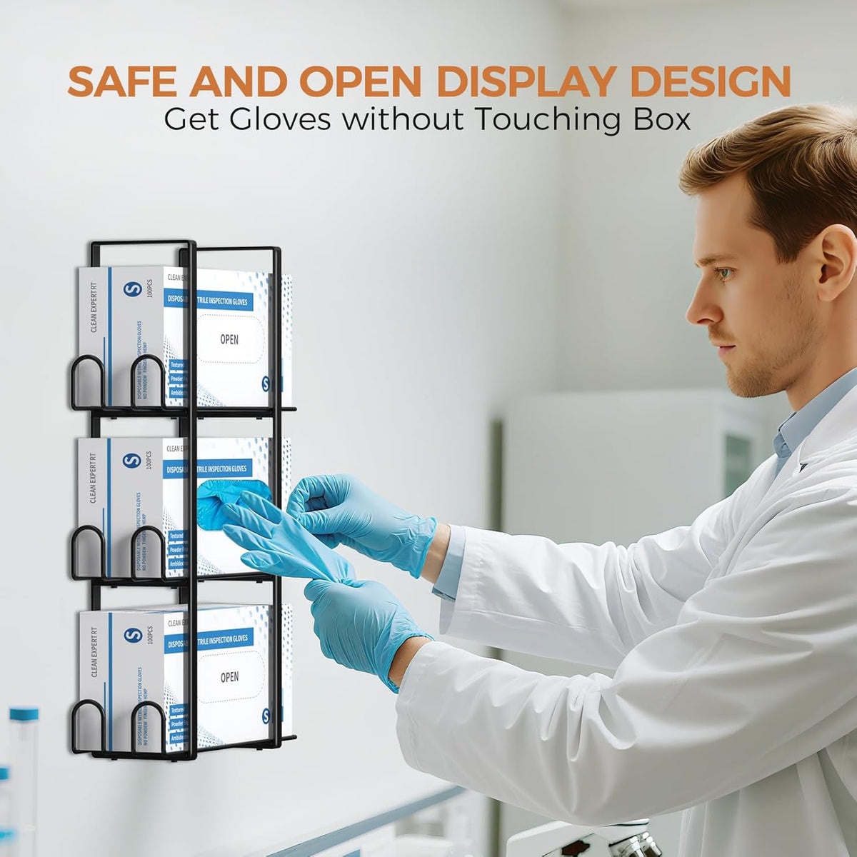 Glove Holder Dispenser for Wall Mount, Black Metal Disposable Latex Gloves Holder for Lab, Wall-Mounted Triple Rubber Box Holder, Tissue Rack for Kitchen and Garage