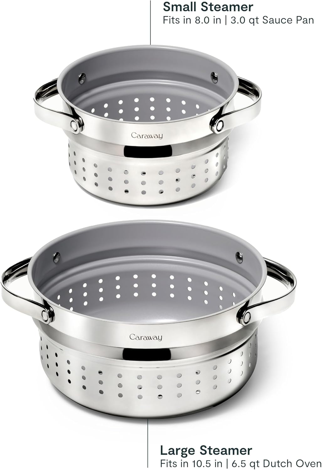Caraway Steamer Duo - Stainless Steel Steamer with Handles - Non Stick, Non Toxic Coating - Steam Veggies, Seafood, and More - Compatible With Our Dutch Oven or Sauce Pan