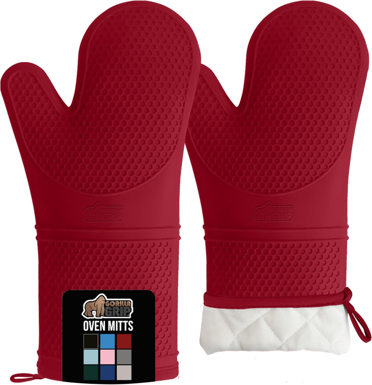 GORILLA GRIP BPA-Free Soft Silicone Oven Mitts, 14.5x8.3, Heat Resistant and Waterproof Cooking Gloves, Thick Cotton Lining, Flexible Gripping for Baking Grilling, Kitchen Potholders Set of 2, Red