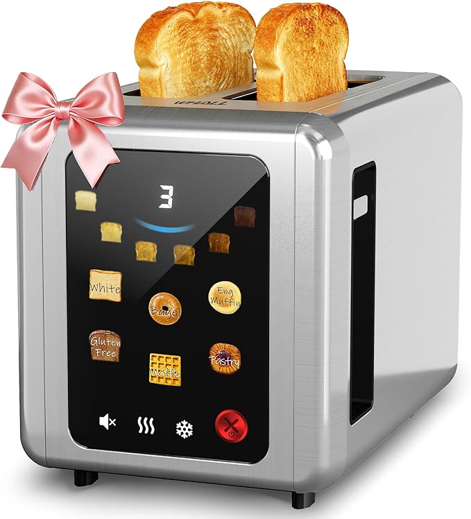 WHALL Touch Screen Toaster 2 Slice, 1.5'' Extra Wide Slot Smart Toaster with Digital Timer, 6 Bread Types & 6 Shade Settings, Crumb Tray, Reheat/Defrost, Stainless Steel Bread Toasters, Silver