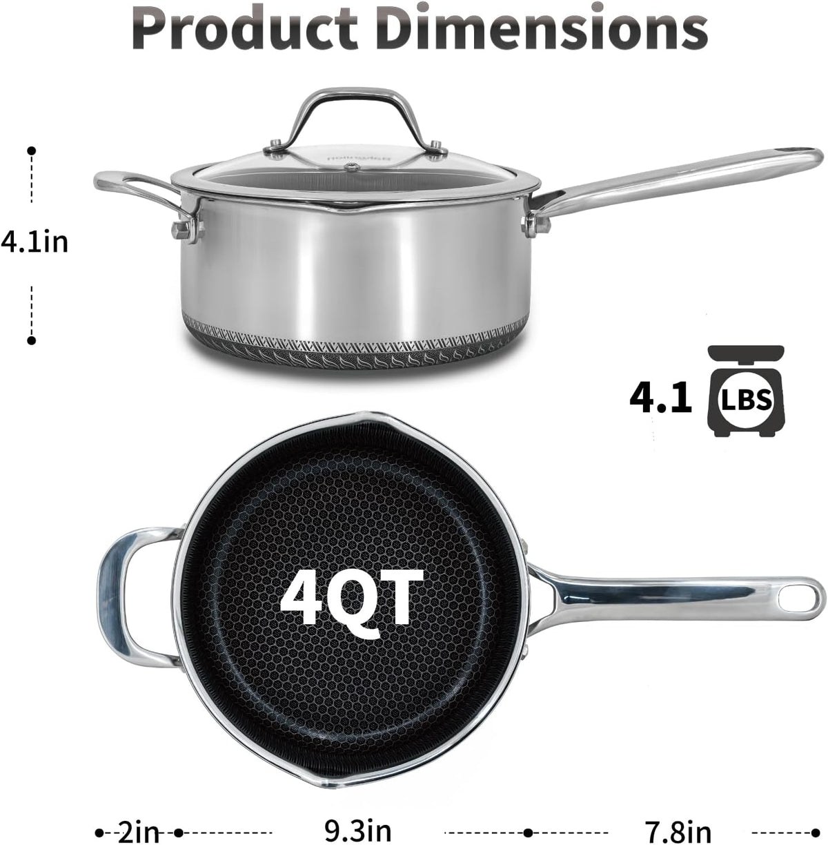 Hybrid Nonstick 4 QT Saucepan with Lid, Stainless Steel Stockpot with Honeycomb Texture,Compatible with All Cooktops,Dishwasher and Oven Safe