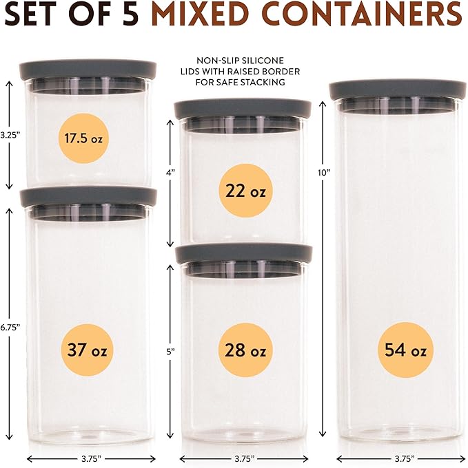 Glass Airtight Food Storage Containers with Silicone and Glass Lids – BPA-Free Jars and Canisters for Pasta Rice Flour, Dry or Wet Foods, Pantry Meal Prep – Set of 5 with Portion Tool