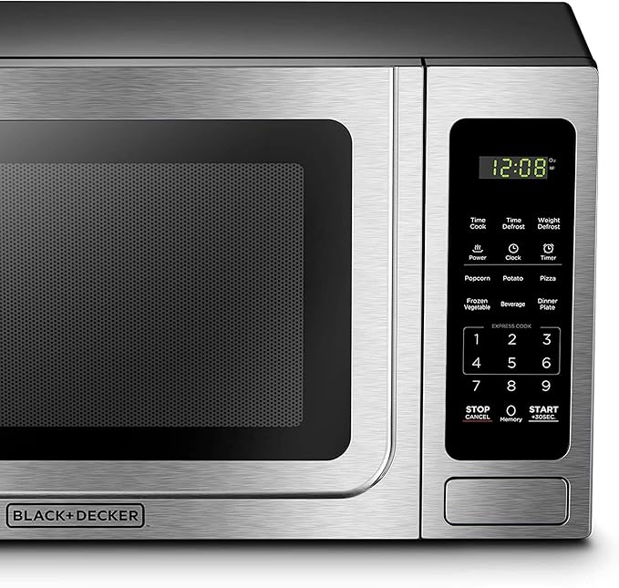 BLACK+DECKER EM036AB14 Digital Microwave Oven with Turntable Push-Button Door, Child Safety Lock, Stainless Steel, 1.4 Cu.ft
