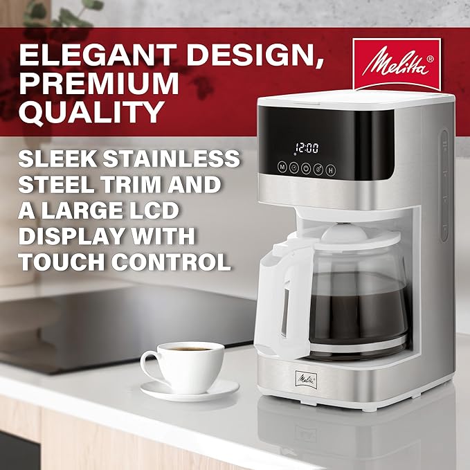 Melitta Aroma Tocco Glass Drip Coffee Maker | Programmable Coffee Machine | Glass Carafe Coffee Pot | 10 Cup Coffee Maker | Touch Control Panel | Stainless Steel accented | White