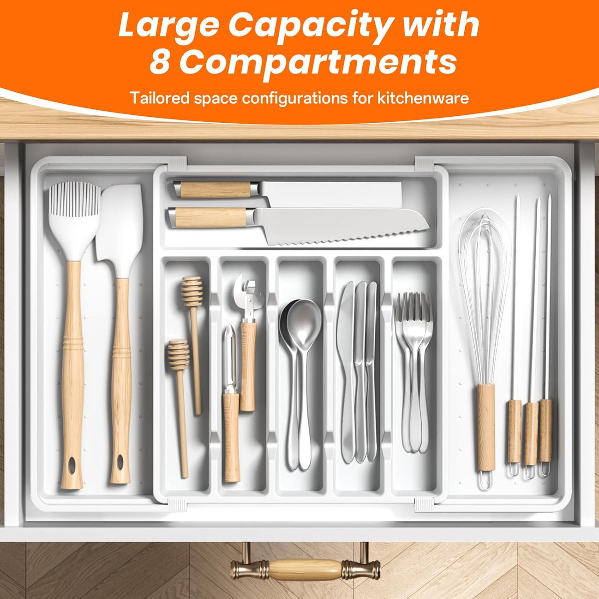 Large Silverware Organizer,Expandable Utensil Drawer Organizer,BPA Free Utensil Holder,Adjustable Silverware Tray Cutlery Drawer Organizer for Kitchen Flatware,Large,White (6-8 Slots)