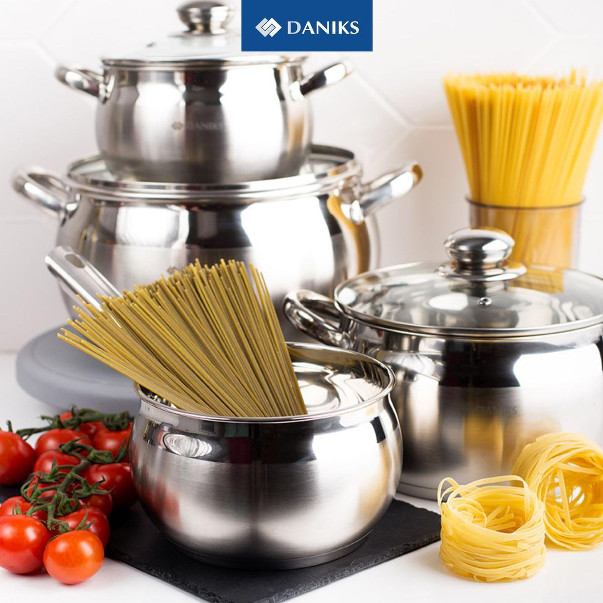 Daniks Classic Frying Pan Included, 12-Piece Stainless Steel Induction Cookware Set – Dishwasher Safe Pots and Saucepan with Lids, Measuring Scale, Silver