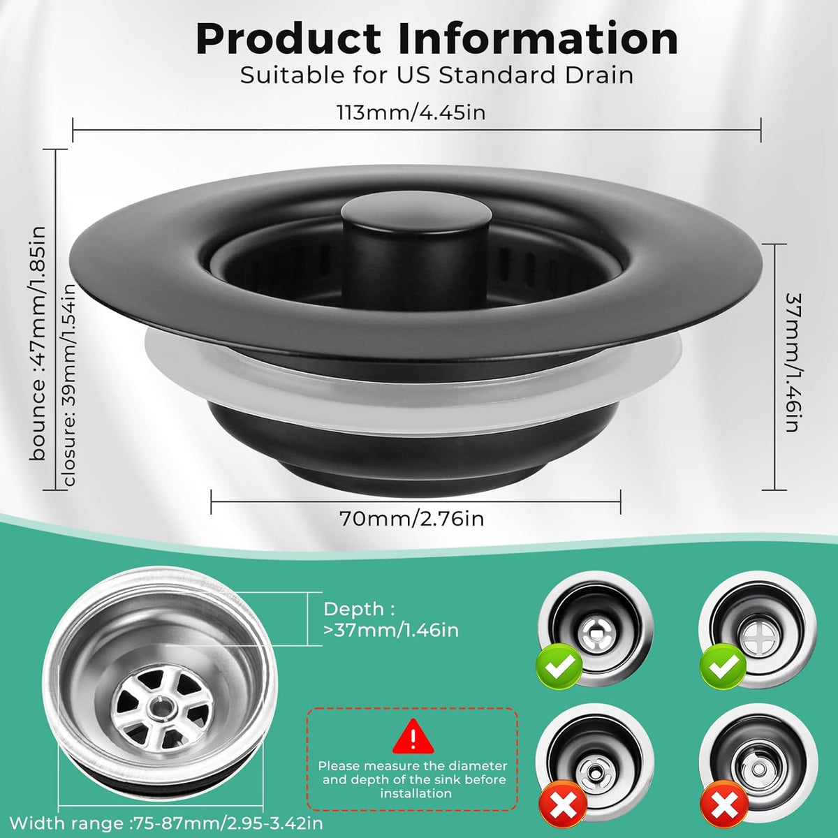 Kitchen Sink Drain Strainer/Strainer Basket, Upgraded 3 in 1 Stainless Steel Pop-up with Anti-Clogging Basket Sink Stopper, Suitable for US Standard 3-1/2" Sink Drain Hole (Matte Black)