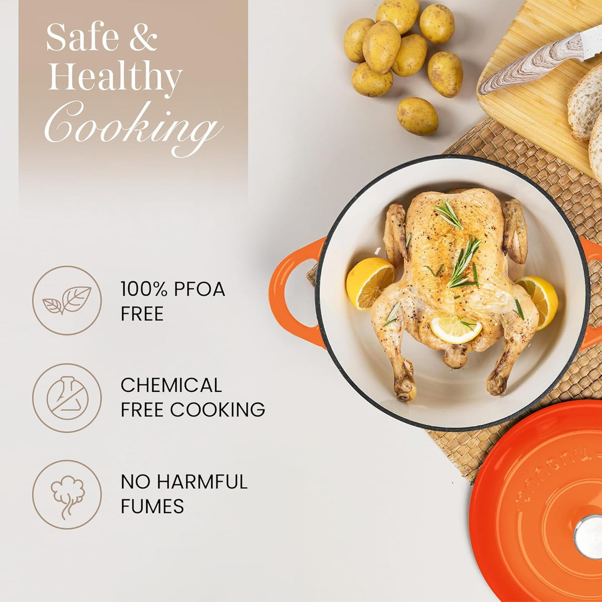 Nuovva Enamelled Cast Iron Dutch Oven Pot with Lid – 6.4 Quart Non Stick Casserole Pot – Heavy Duty & Oven Safe up to 500° F for Bread Baking, Braising, Stews, Roasting – 28cm Orange
