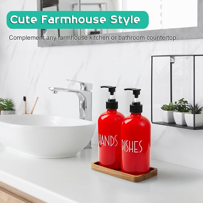 ALELION Red Dish Soap Dispenser for Kitchen - 16 OZ Glass Hand Soap Dispenser Set with Pump and Acacia Wood Tray - for Red Kitchen Decor or Accessories
