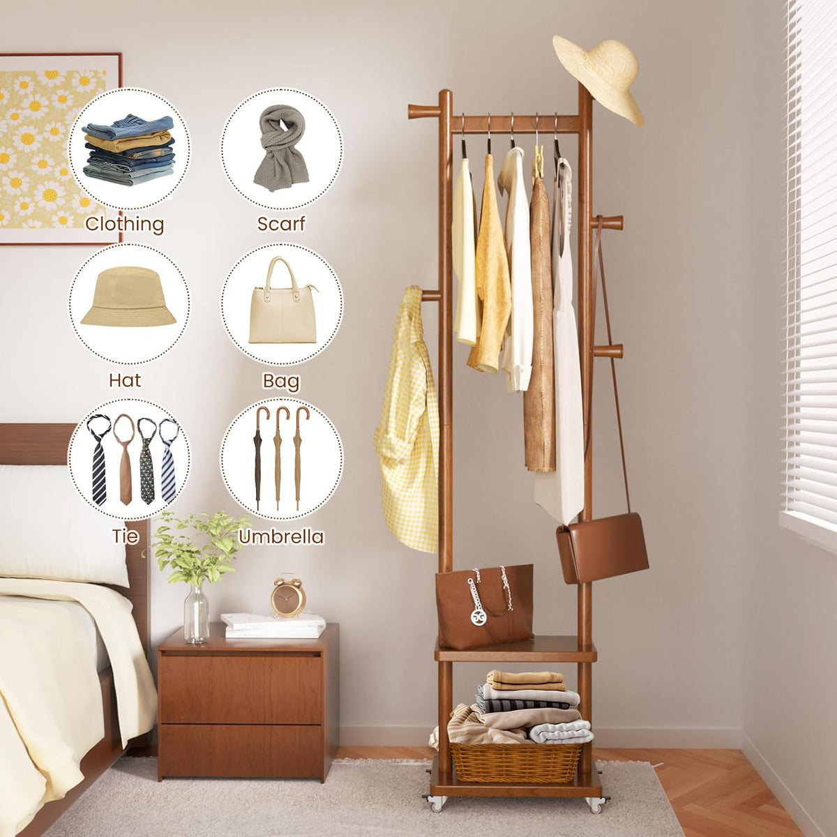 Solid Wood Coat Rack Freestanding Clothing Rack with Wheels & 2 Shelves Storage & 5 Hooks Heavy Duty Clothes Rack Wood Coat Tree Stand Hat Hanger Rack for Corner Bedroom Entryway Living Room Hotel