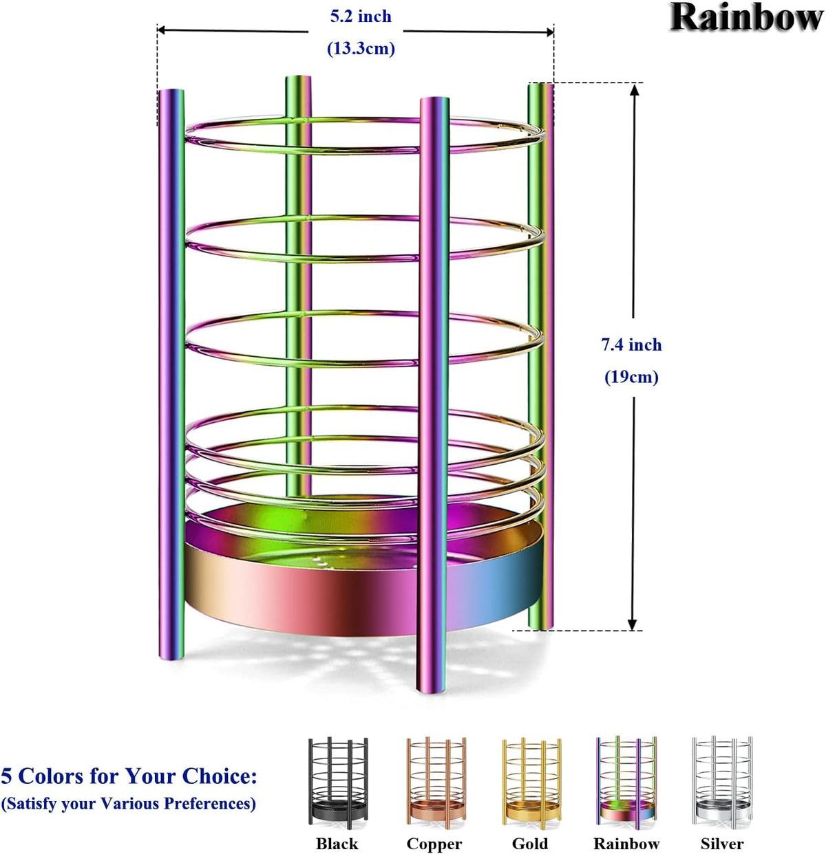 Rainbow Kitchen Utensil Holder for Kitchen Counter, Stainless Steel Utensil Crocks, Rainbow Titanium Coating Utensil Storage Caddy Organizer, Cooking Utensil Holder, Easy Cleaning(Rainbow/7.4''x5.2'')