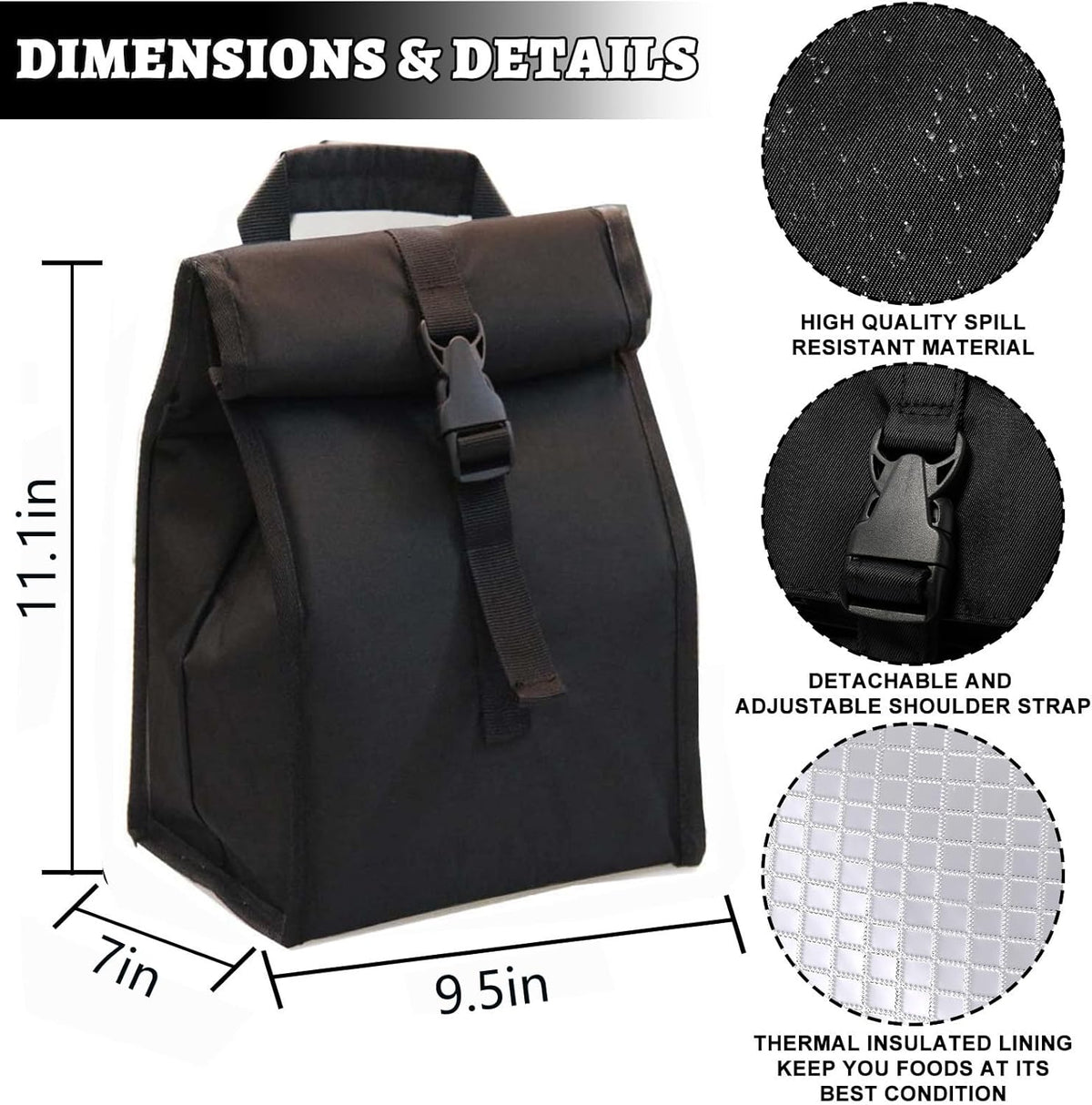Insulated Foldable Lunch Bag With Ajustable Strap- Lightweight Portable Lunch Box for Men, Women, Office, Work, Picnic, Hiking and Beach (Black(Hard Fabric))