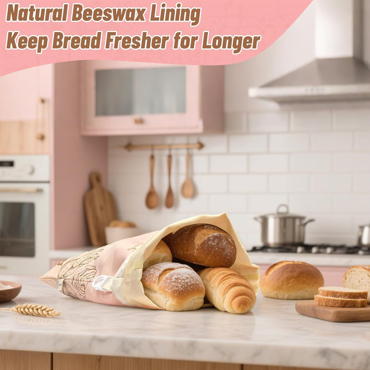 Pink Reusable Beeswax Bread Bag, 2 Pack, 13”x17” XL Cotton Fabric Bread Storage Solution, Eco-Friendly & Freezer Safe, Keep Breads Fresh Longer, Gift idea for women