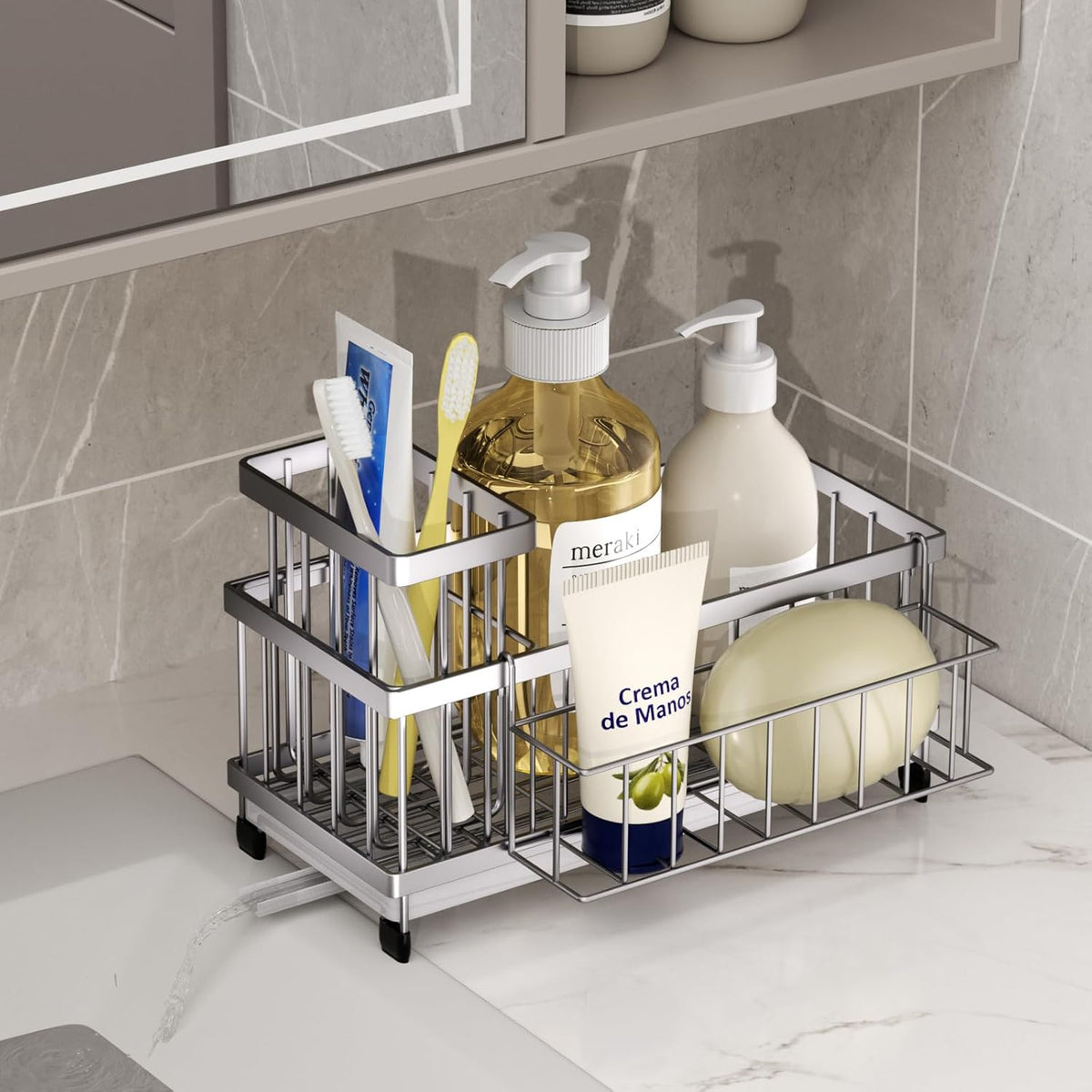 SWTYMIKI Sink Caddy Sponge Holder - Large Sponge Holder for Kitchen Sink with 360°Auto-Drain Tray, Rustproof Stainless Steel Kitchen Organizer Caddy for Countertop Organization