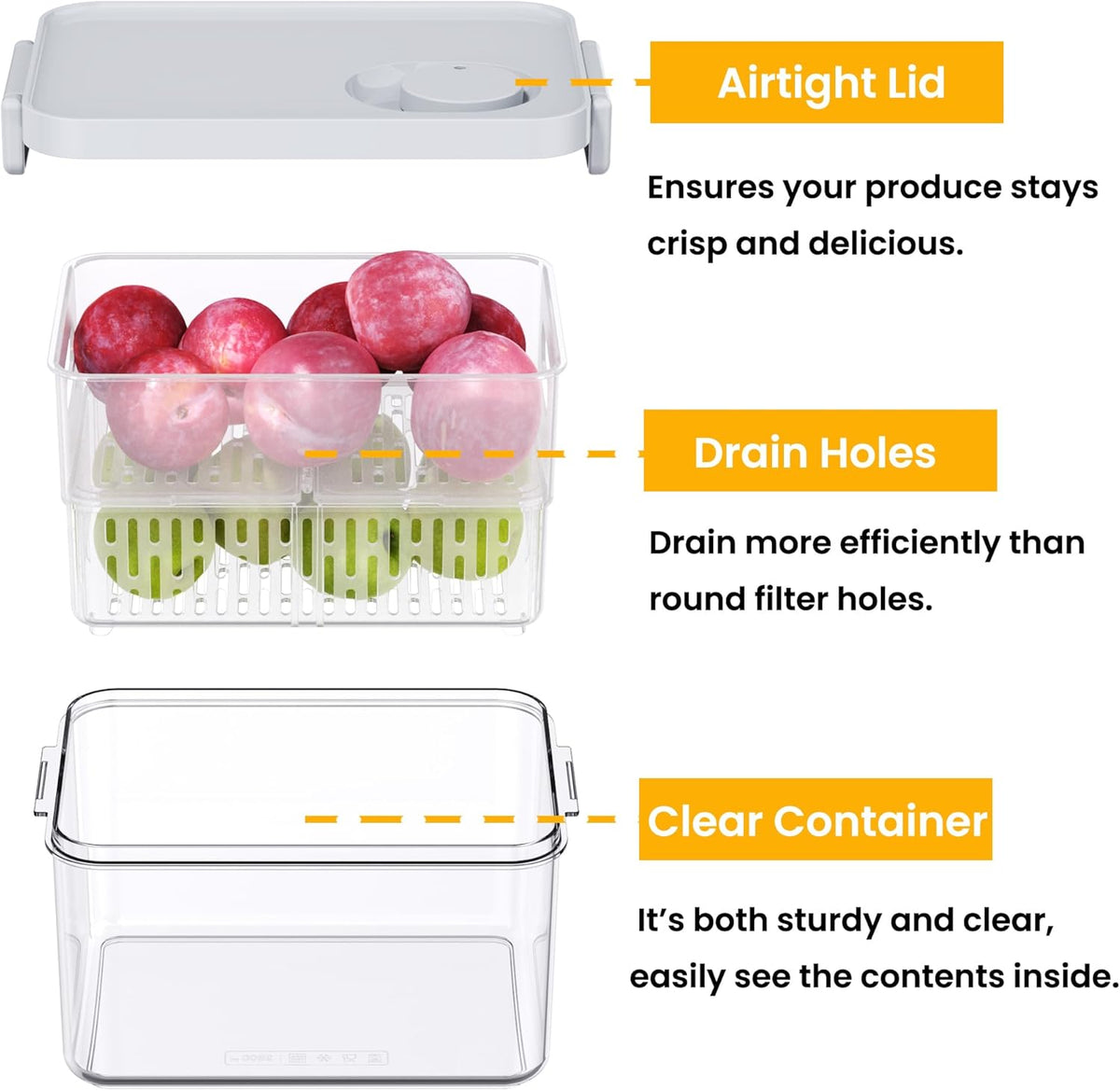 vacane 2 Pack Produce Saver with lids & Colanders, Clear Fruit Containers for Fridge Dishwasher Safe Berry Containers, BPA-Free Lettuce Keeper, Keep Vegetable Food Fresh