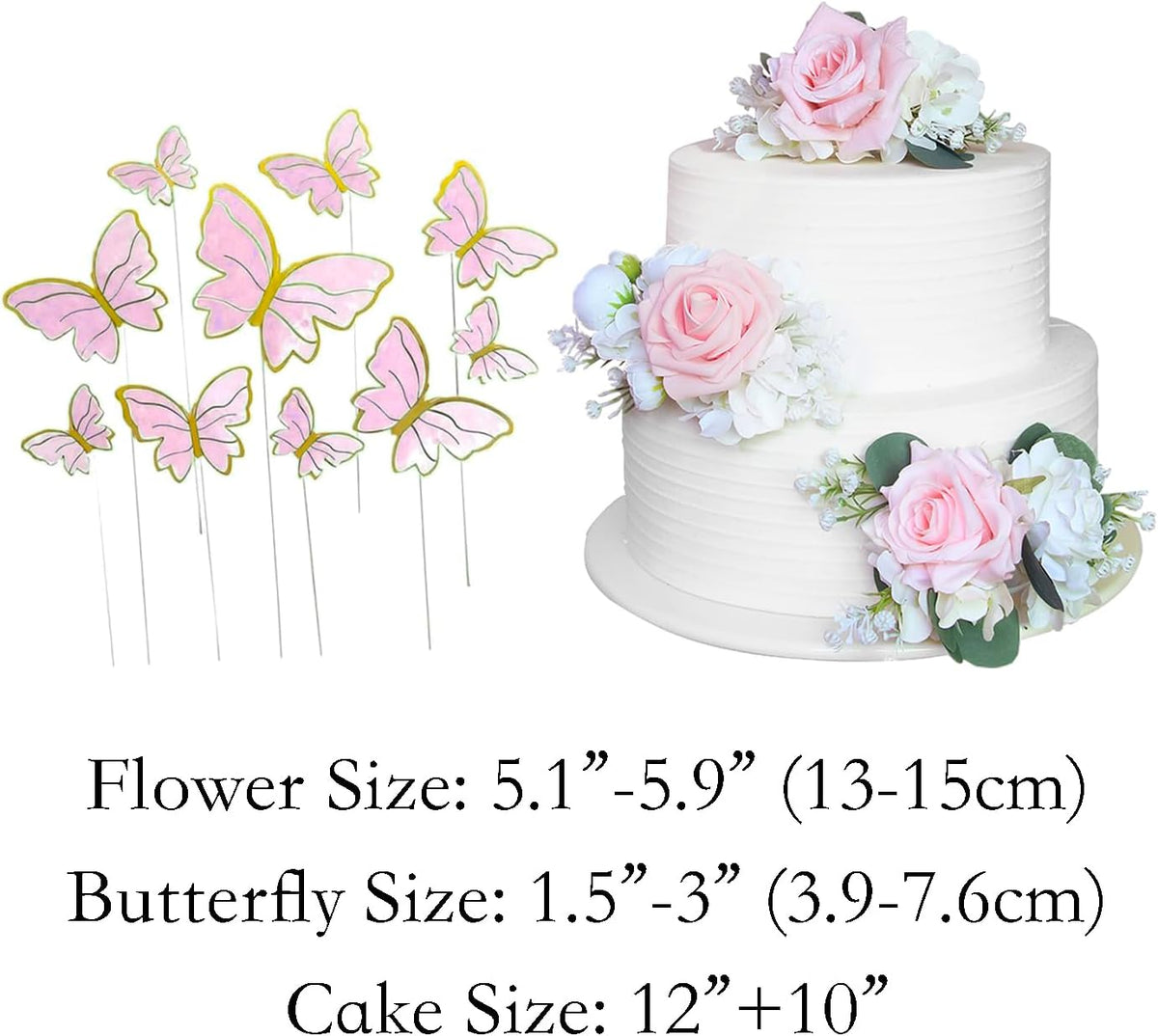 Rinlong 3Pcs Pre-made Blush Pink Cake Flowers Decorations Flower Cake Topper Butterfly Cake Decorating Flowers for Wedding Sweet 16 Birthday Girl
