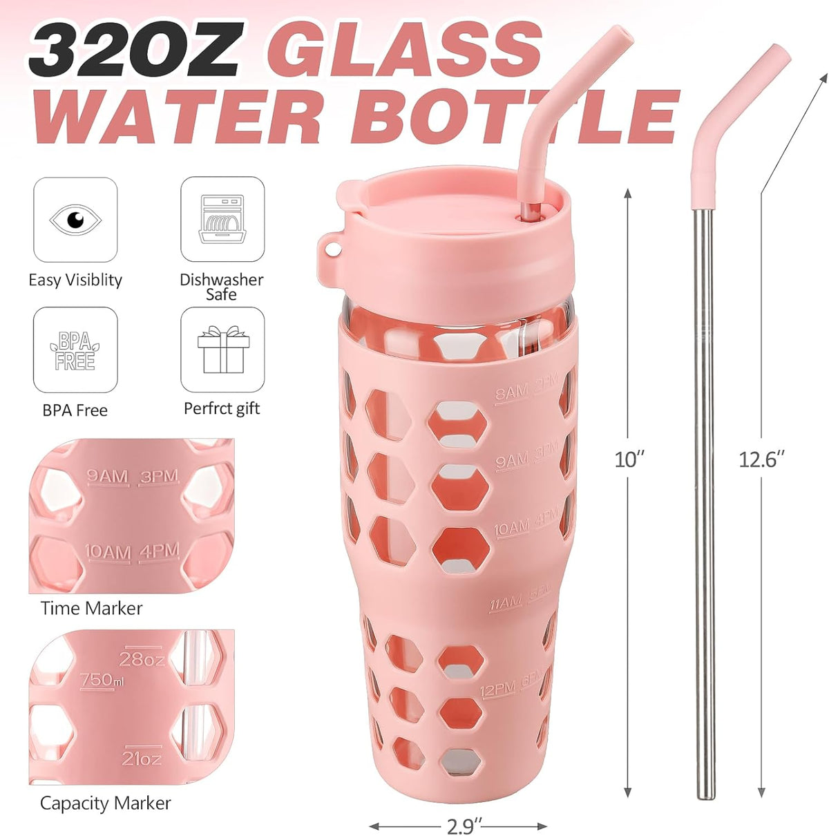 MUKOKO 32 oz Glass Tumbler with Straw,Glass Water Bottles with Time Marker,Iced Coffee Cup with 2 Lids-Handle Spout Lid&Straw Lid,Silicone Sleeve,Leakproof,1 Pack-Pink