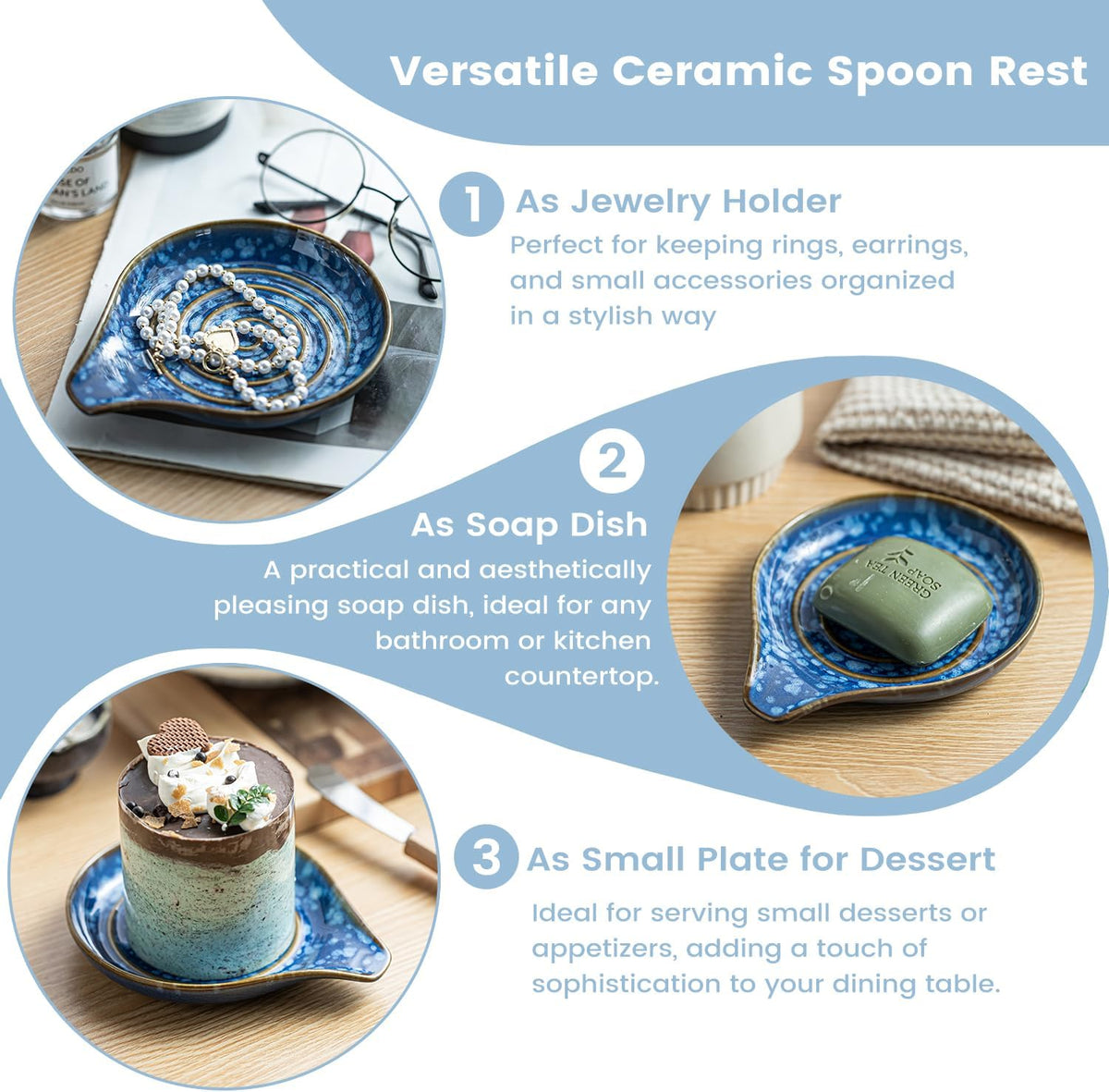 LAUCHUH Spoon Rest for Stove Top - 5” Ceramic Spoon Holder Stylish Utensil Holder for Kitchen Countertops, Ladle, Coffee Spoons, Cooking spoons, Spatula, Tongs, Heat-Resistant, Starry Blue