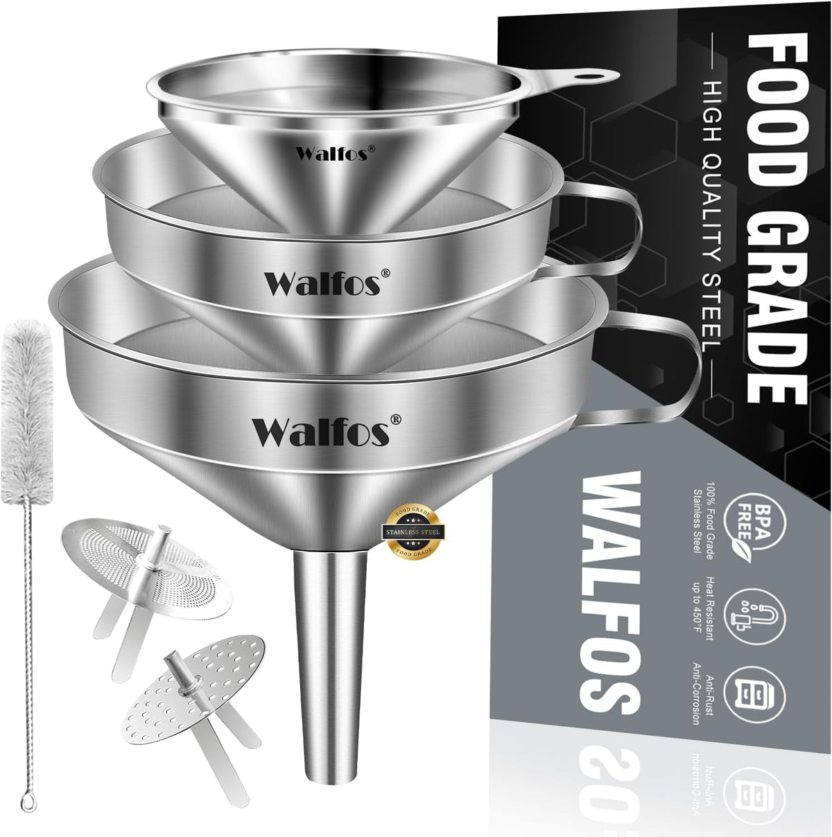 Stainless Steel Funnel, Walfos 3 Different Sizes of Kitchen funnels with 2 Removable Strainer ＆ 1Pcs Cleaning Brush, for Transferring of Liquid, Oils, Jam, Powder