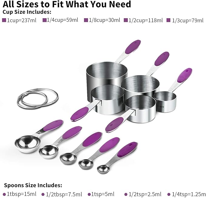 U-Taste 18/8 Stainless Steel Measuring Cups and Spoons Set of 10 Piece, Upgraded Thickness Handle and 1.5oz Heat Resistant Angled Turkey Baster with Cleaning Brush for Cooking Basting (Purple)