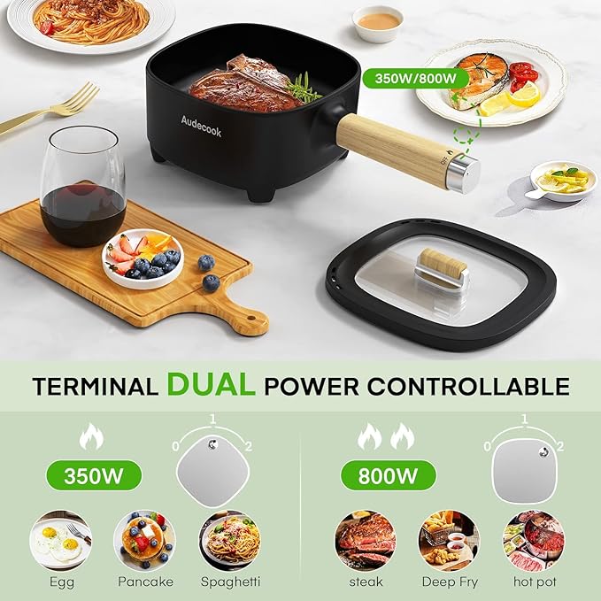 Audecook Hot Pot Electric 2L, Cermic Glaze Non-Stick Frying Pan 8 Inch, Portable Travel Cooker for Ramen/Steak/Fried Rice/Oatmeal/Soup, with Dual Power Control (Silicone Spatula Included)