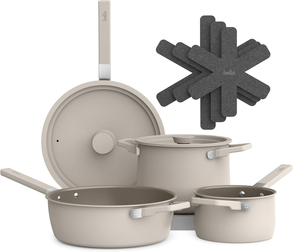 bella 9 Piece Ceramic Nonstick Cookware Set, Fits-anywhere™ Kitchenware w EverGood™ Coating, Dishwasher & Oven Safe, All Stovetops Compatible, Stackable Design, Cool Touch Handles, Oatmilk