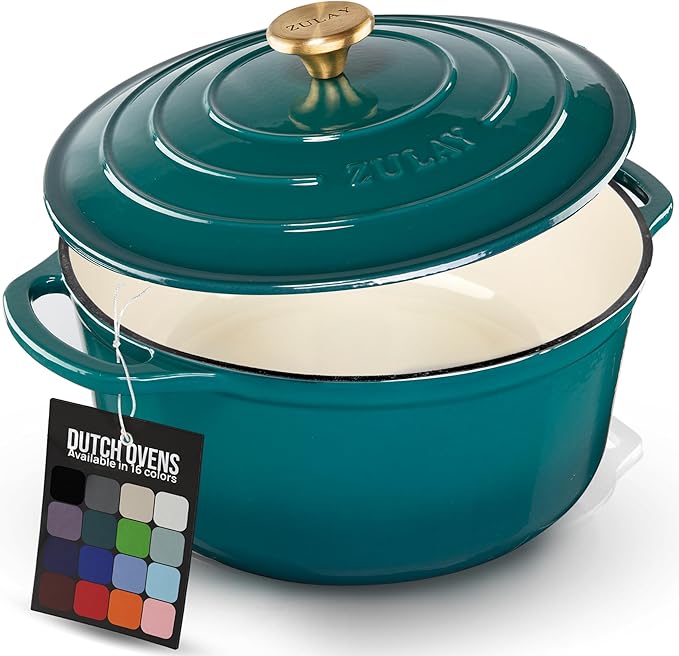 Zulay Kitchen 5 Quart Enameled Cast Iron Dutch Oven Pot with Lid – Premium Durability & Oven Safe up to 500°F – Heavy Duty Cookware Perfect for Bread Baking, Stews, Braising & Roasting – Emerald