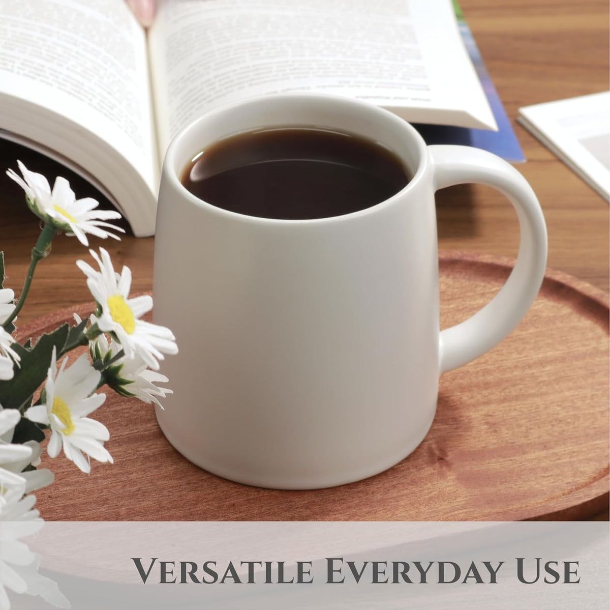 Classic Mug, 14 oz Large Coffee Mug with Handle, Ceramic Porcelain Tea Cup, Smooth Matte (Sliding Lid, Set of 2, White and Black)