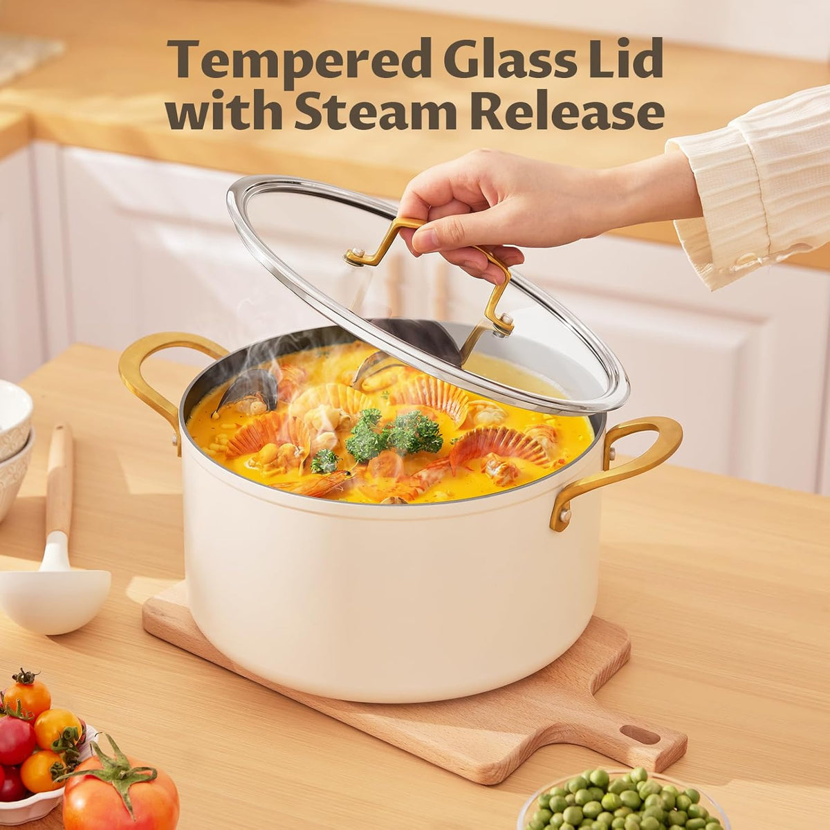 BEZIA Non Stick Stock Pot With Lid, 12 Quart Large Stockpot for Catering for Groups and Events, Induction Cooking Pot for All Stoves, Sturdy & Double Handle, Ideal for Soups & Stews, Cream