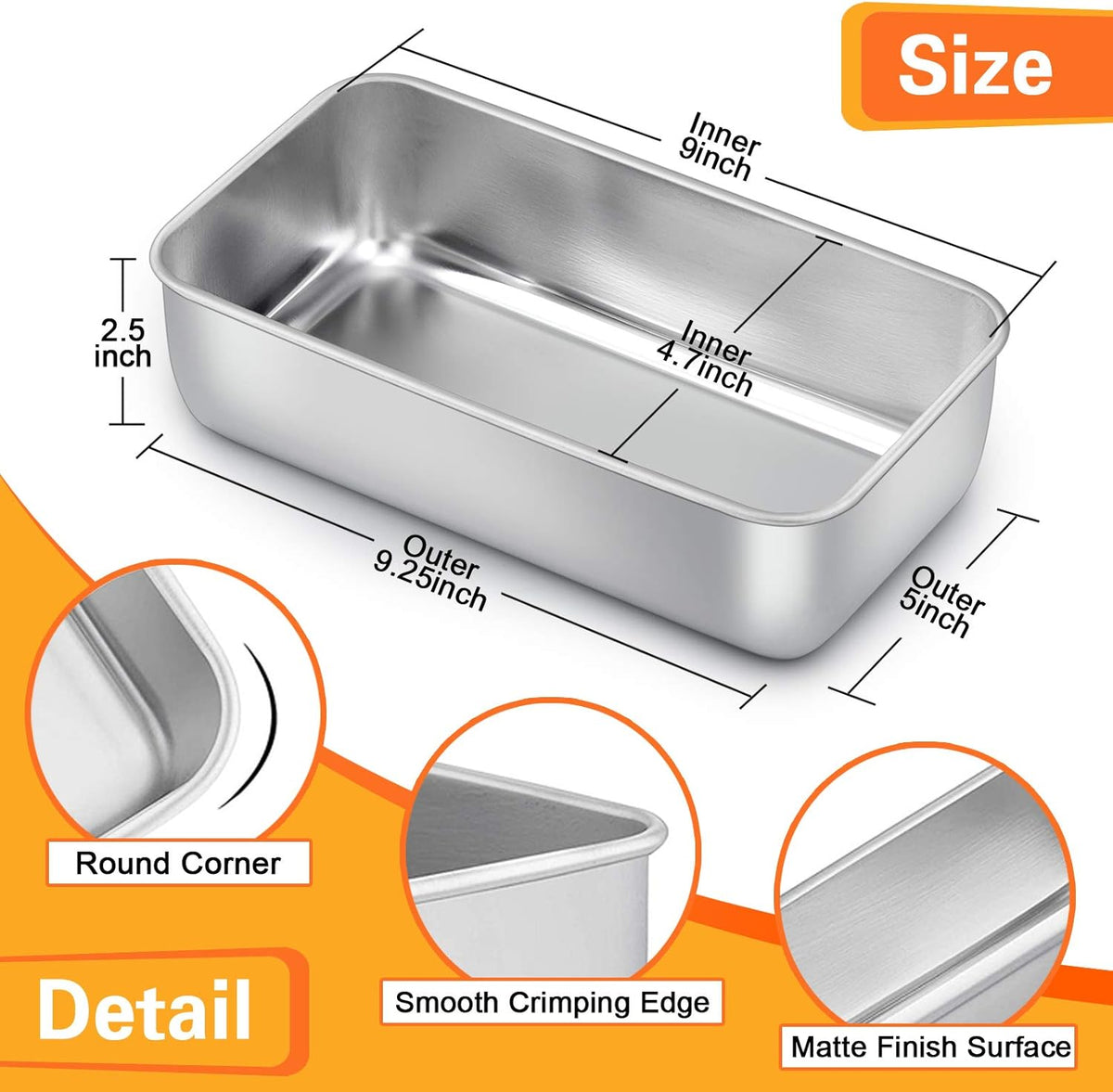 E-far Loaf Pan for Baking Bread, 9 x 5 Inch Stainless Steel Baking Loaf Pans, Metal Bakeware for Bread Meatloaf Cake Brownies, Healthy & Non Toxic, Easy Release & Dishwasher Safe - Set of 2