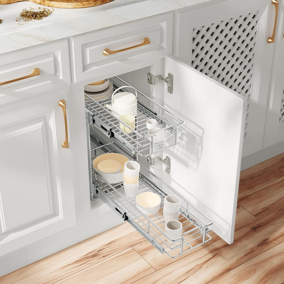 ROOMTEC Individual Pull Out Cabinet Organizer (9" W x 21½" D), 2 Tier Spice Rack Organizer for Cabinet, Slide Out Drawer Pantry Shelf Organization and Storage for Kitchen Bathroom