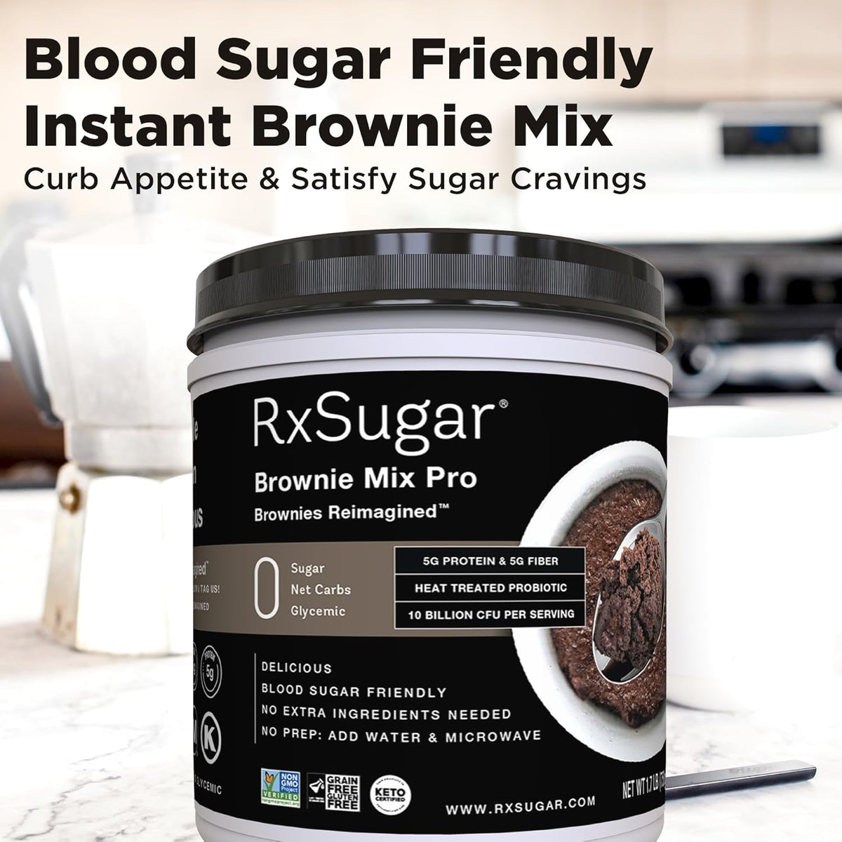 RxSugar Brownie Mix Pro | 10 Billion CFU Probiotic & Prebiotic Fiber | 1.7 lbs | 0 Net Carbs | Chocolate Mug Brownie Made with Allulose