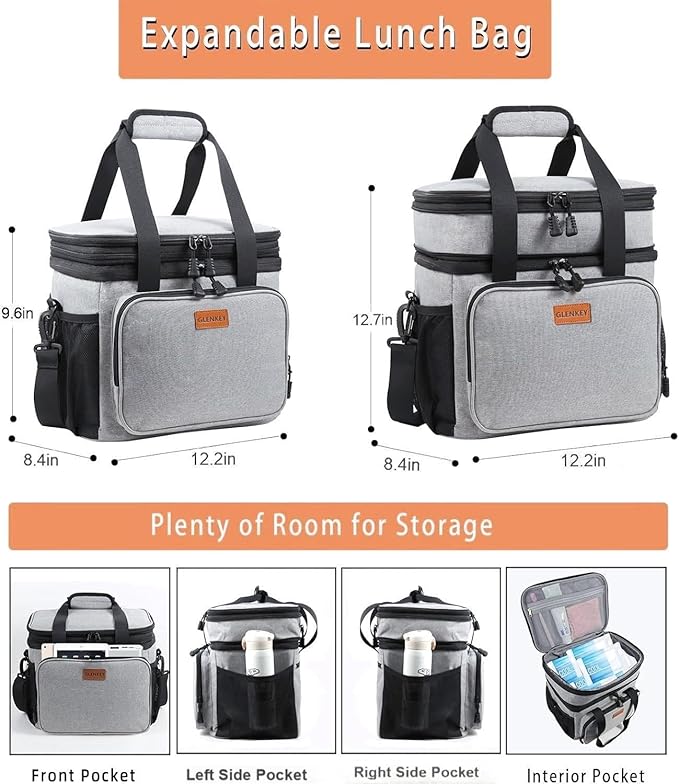 Double Decker XLarge Lunch Box, Insulated Heavy Duty Lunch Bag Waterproof Leakproof Durable Cooler Bag for Men Women Adults Work Picnic Camping Trip, 22L, Grey