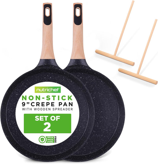 Nutrichef 2-Pack Non-Stick Crepe Pan Set, 9.4" Marble Coated Dosa Pans with Wooden Spreaders, Bakelite and Wood Handles, Induction-Compatible, Dishwasher Safe, Even Heat Distribution, Black Marble