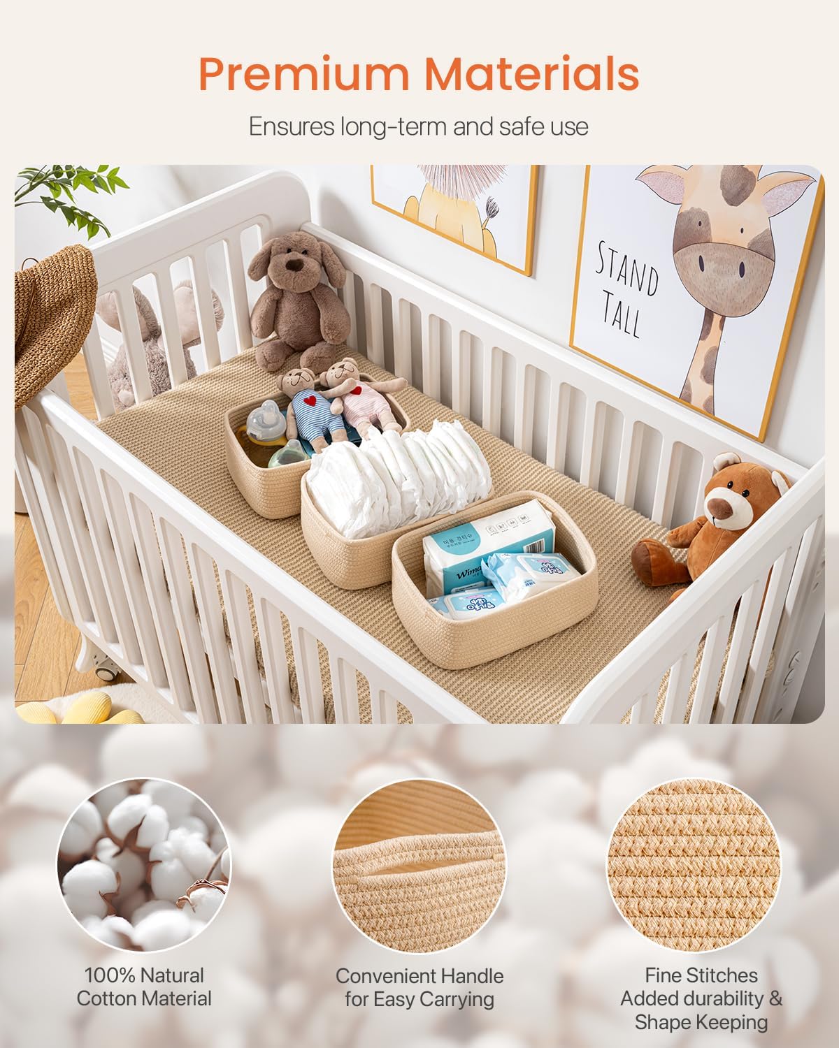 Small Woven Basket, 12 x 8 x 4.5 Inches, Storage Basket for Organizing, Cute Small Rope Shelf Closet Cube Storage Bins Baskets for Shelves, Dog Toy Gift Baskets Empty, 3 Packs, Beige