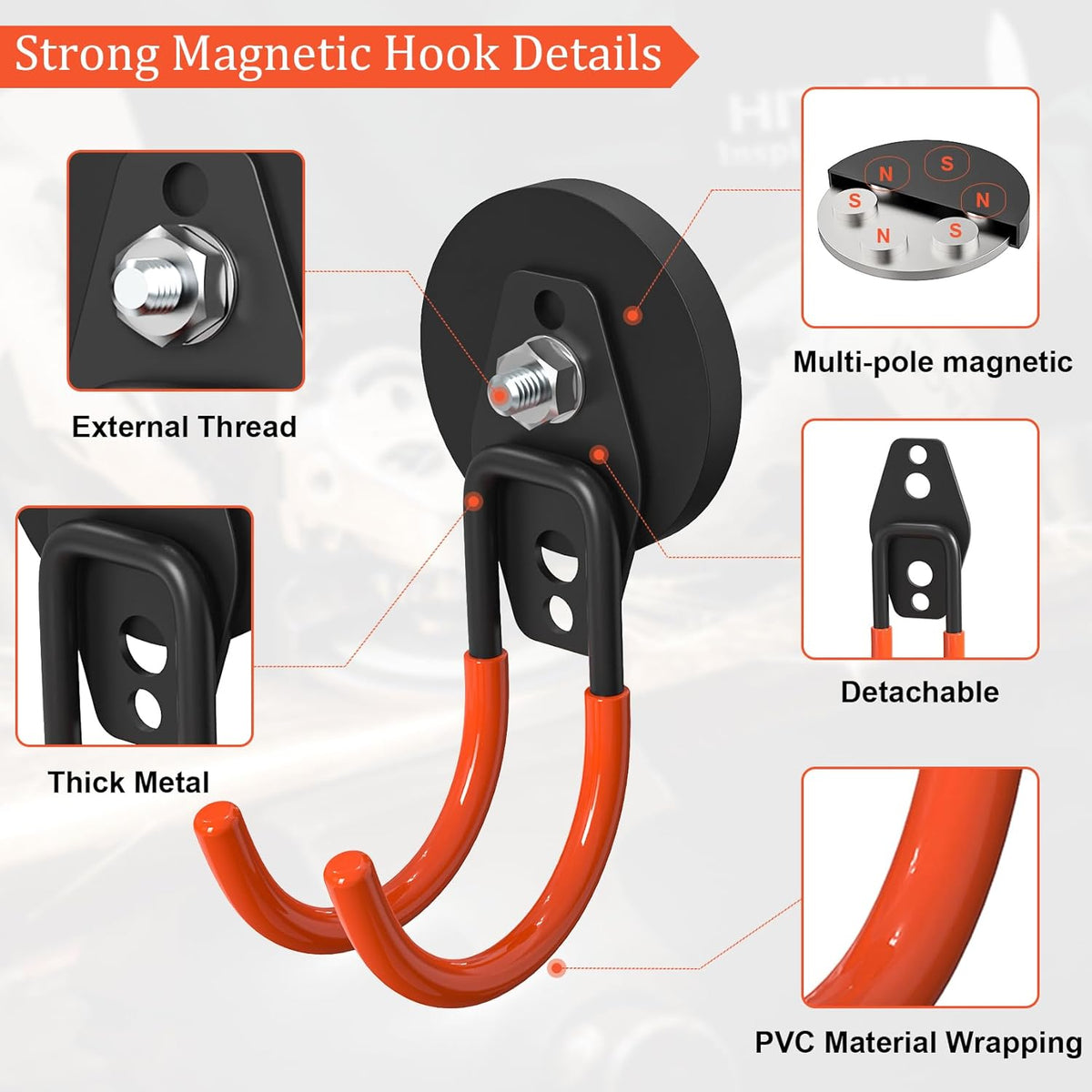 Heavy Duty Storage Magnetic Utility Hooks Large Garage Magnet Hooks with Anti-Slip Coating for Metal Cabinet,Pegboard,Garage Shelve,Garden Tools (4PCS 2.59'' Orange)